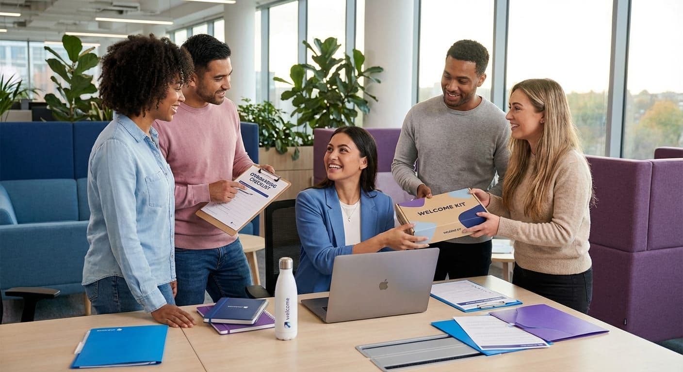 New employee being welcomed by team at desk with onboarding checklist and training materials
