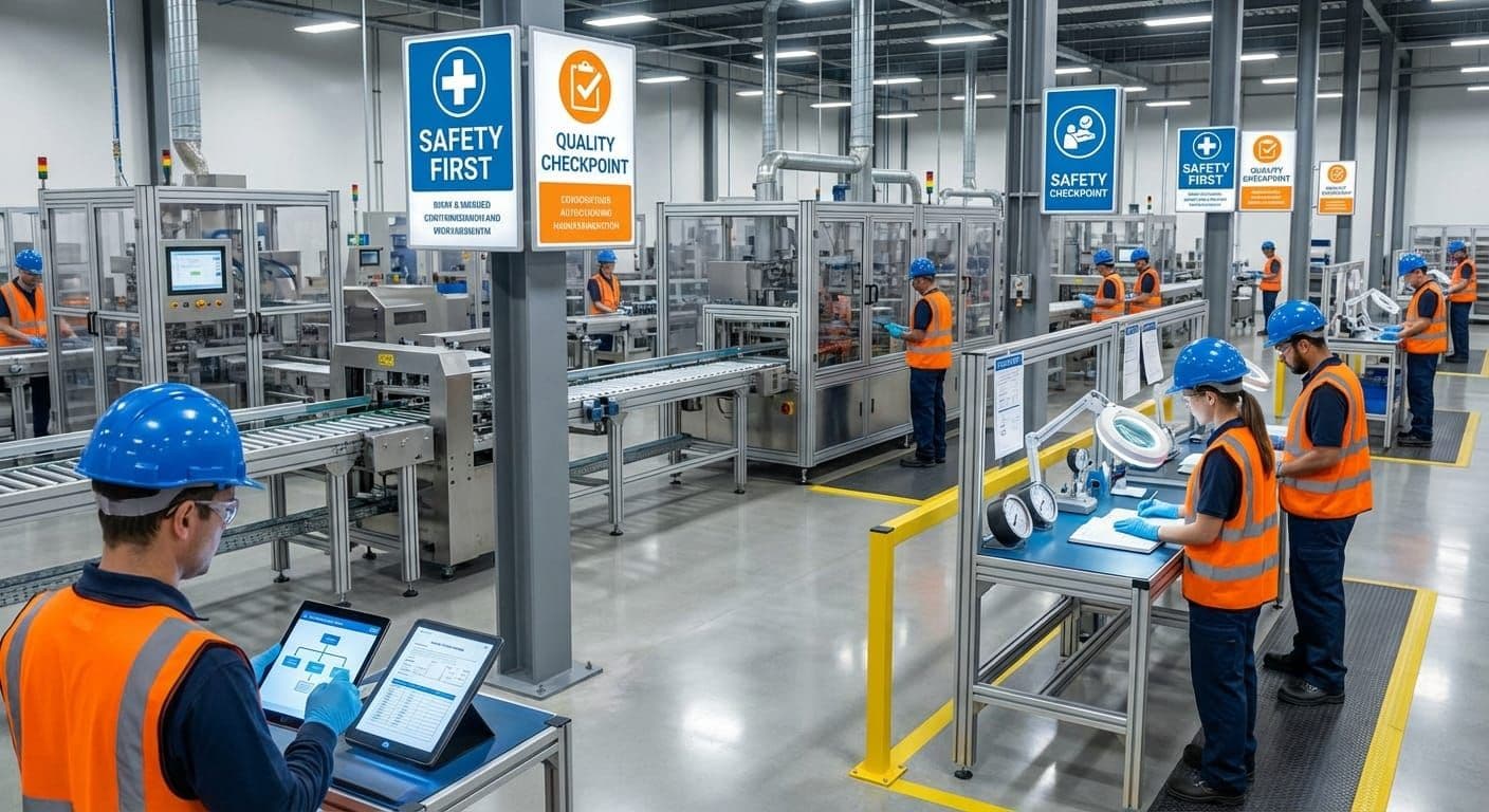 Manufacturing floor with workers in safety gear following SOP best practices on tablets and equipment