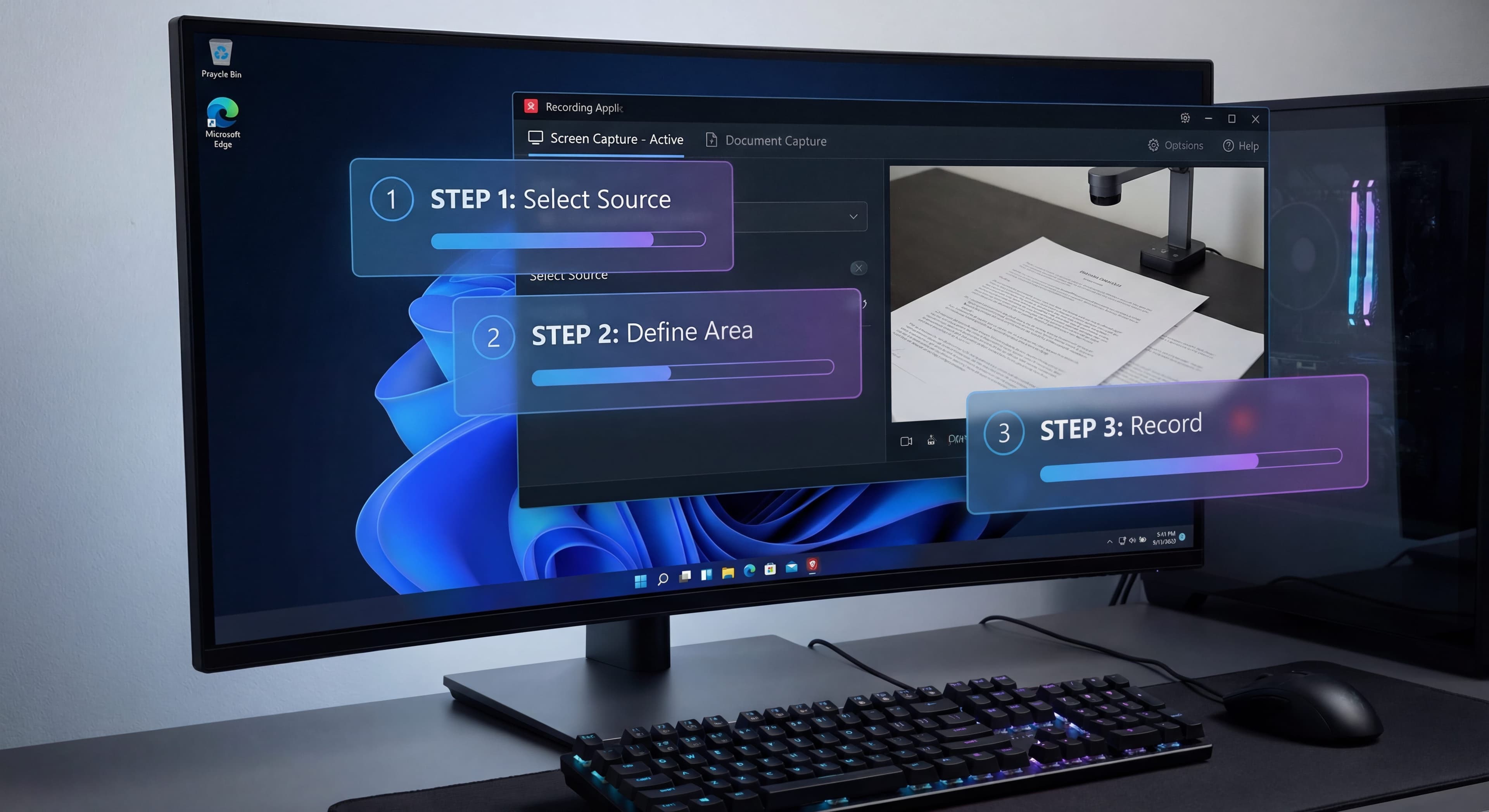 Windows Steps Recorder guide showing screen capture and documentation process